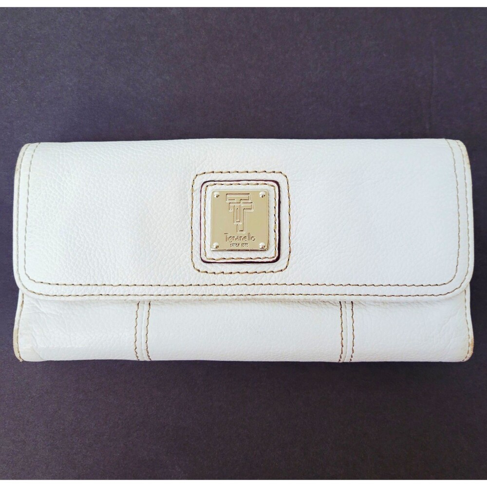 Tignanello Off White Leather Trifold Wallet Zip Pocket Paisley Lining